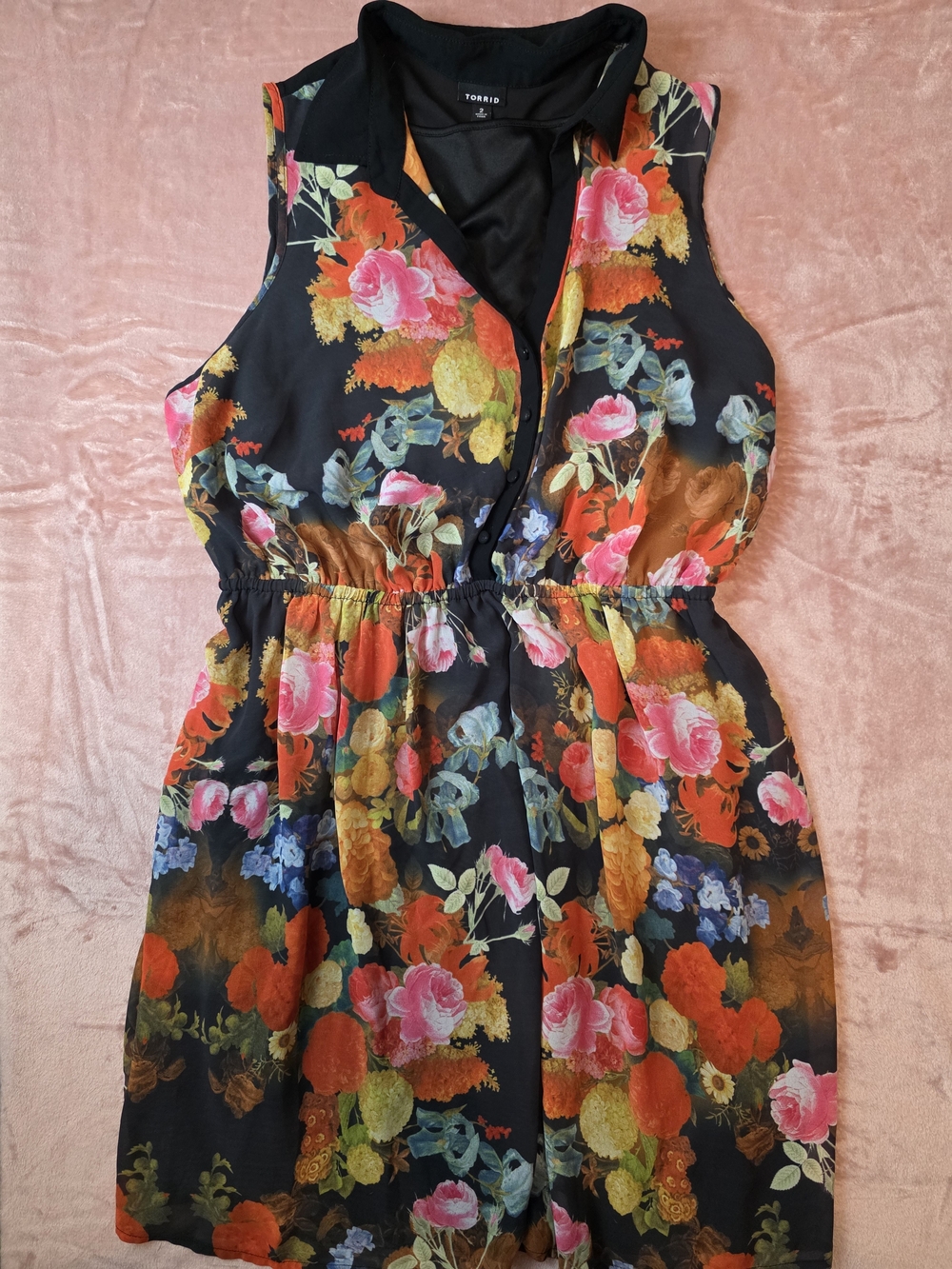 torrid Black Floral Sleeveless Collared Dress with Pink & Orange Blooms